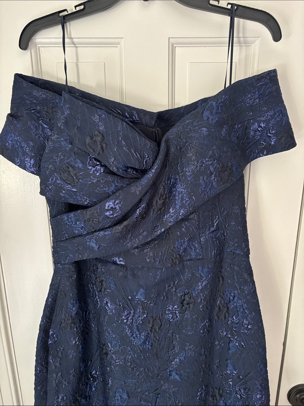 Teri Jon Off-Shoulder Navy Jacquard Evening Gown